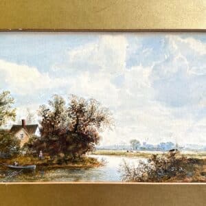 Original watercolour and gouache of a river scene with a cottage and 2 figures by Edward Beecham Lait. Signed and dated 1882. In its original gold mount. Unframed Antique Art